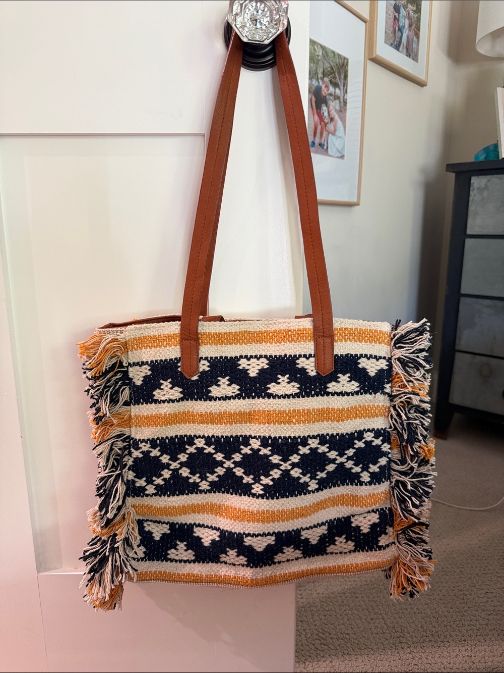 Universal Thread Navy, Cream & Tan Fringe Tote with Geometric Weave